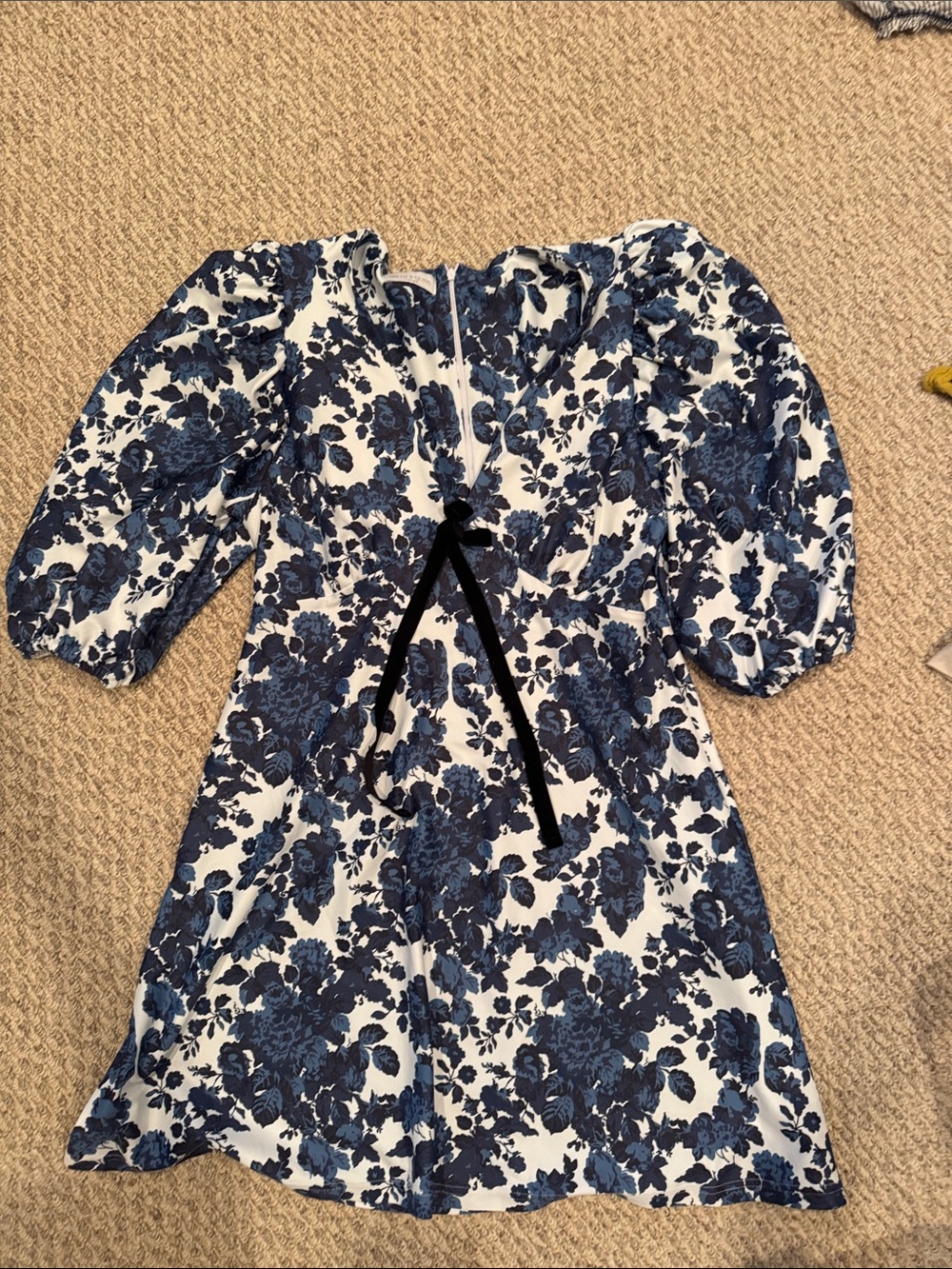 Women's Blue Floral Puff-Sleeve Casual Dress with Tie